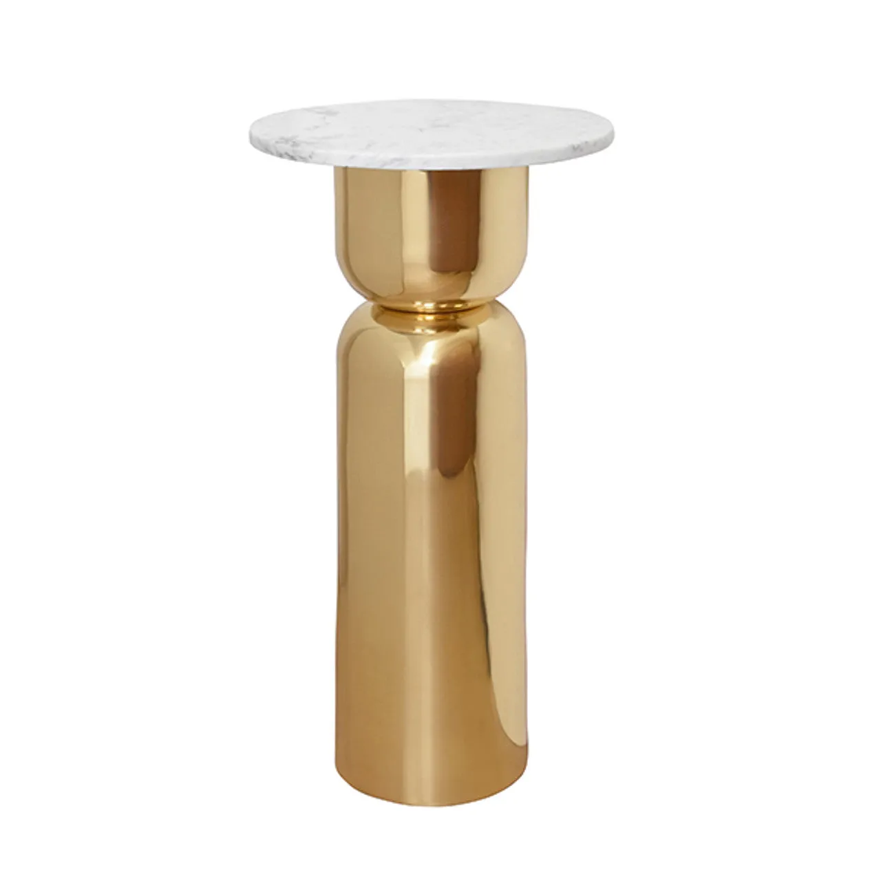 Alina Hourglass Brass Base Side Table With Round White Marble Top