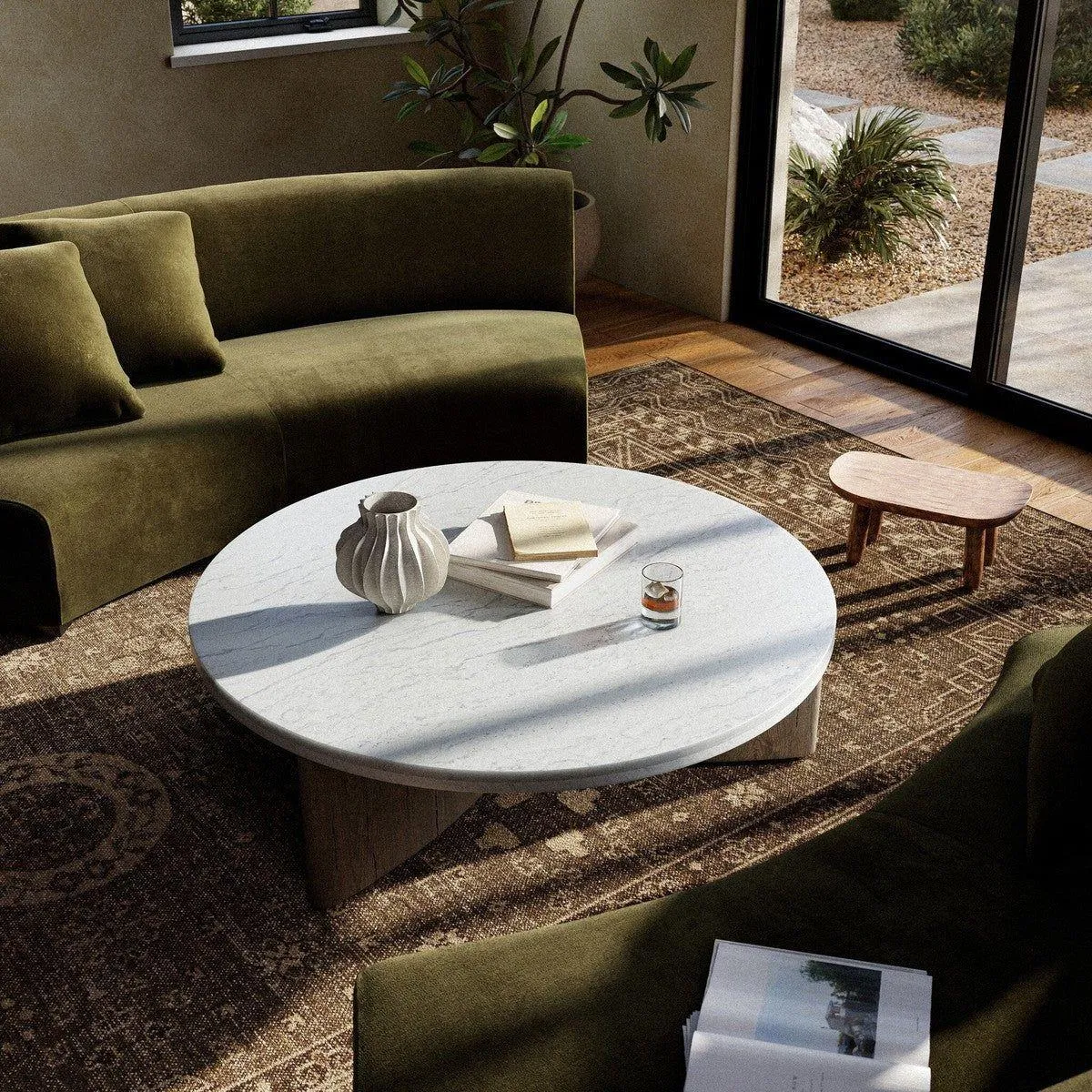 Amadis Coffee Table - Italian White Marble w/ Rustic Grey Base