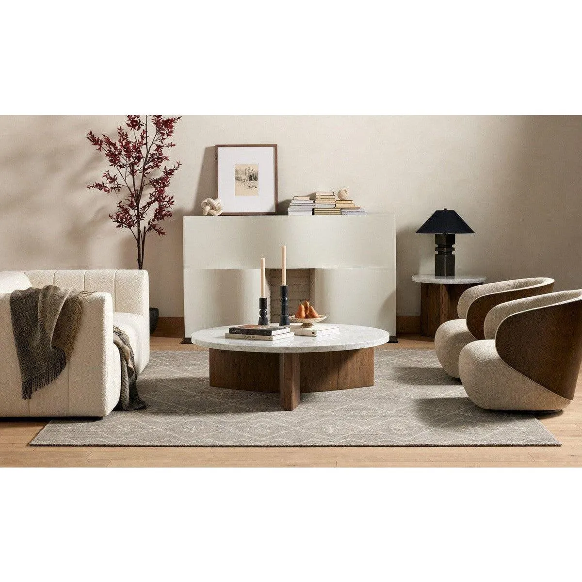 Amadis Coffee Table - Italian White Marble w/ Rustic Grey Base
