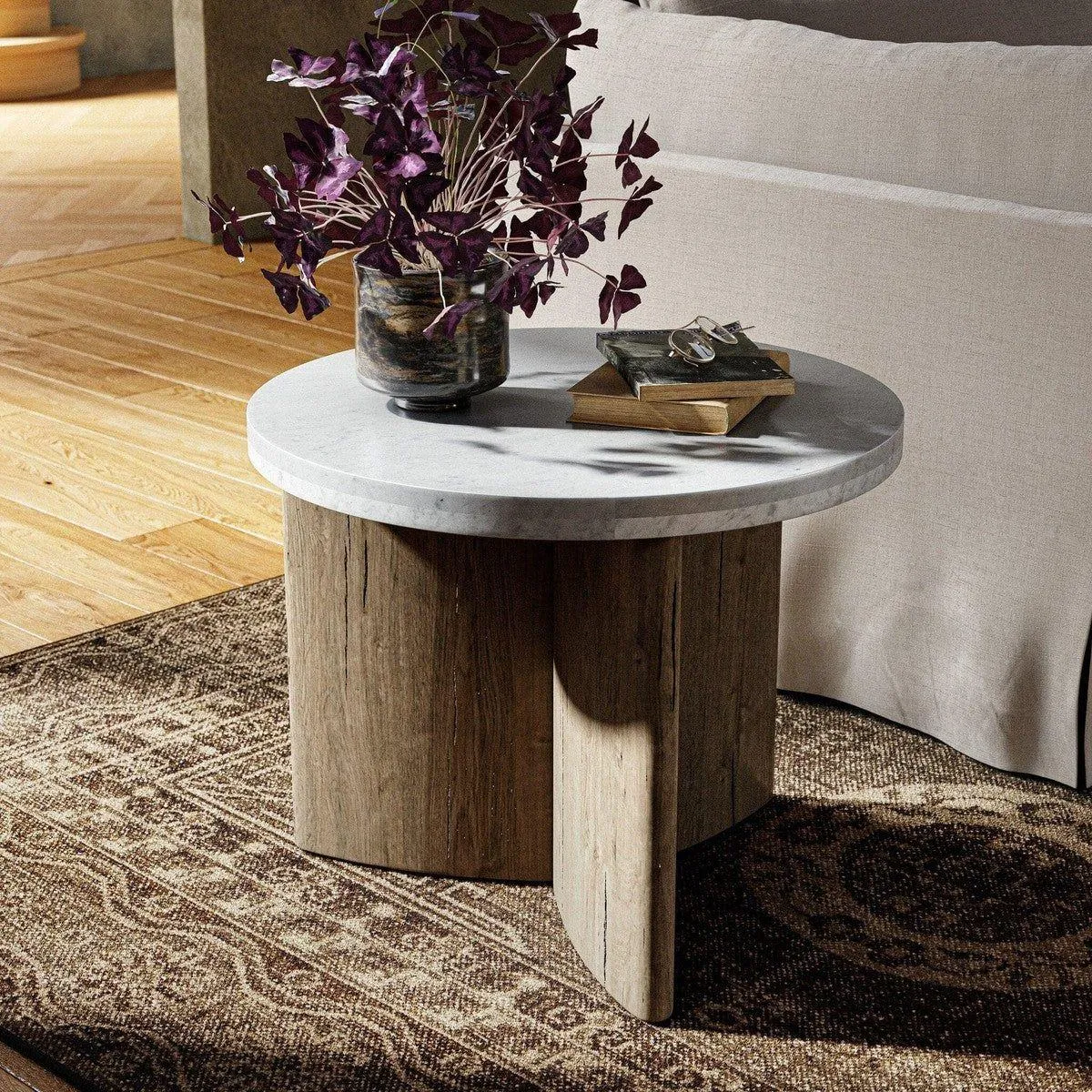 Amadis End Table - Italian White Marble & Rustic Grey