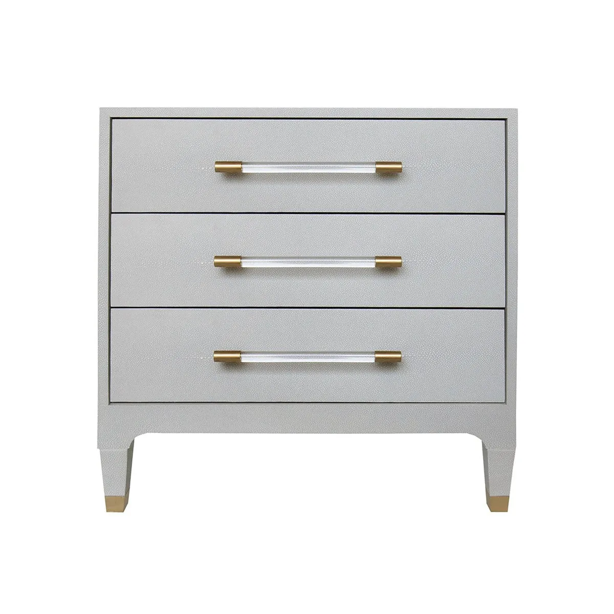 Amber - Three Drawer Side Table In Light Grey Shagreen With Antique Brass And Acrylic Hardware