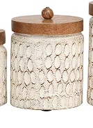 CREAM PAPER MACHE GEOMETRIC HANDMADE CARVED SPOTTED CANISTERS WITH BROWN REMOVABLE LIDS