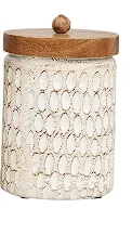 CREAM PAPER MACHE GEOMETRIC HANDMADE CARVED SPOTTED CANISTERS WITH BROWN REMOVABLE LIDS