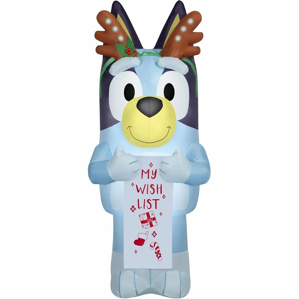 Gemmy BLYRNDRNTLRS9-25 Christmas Inflatables Yard Decoration, Bluey with Reindeer Antlers and Wish List, 4.5 Ft