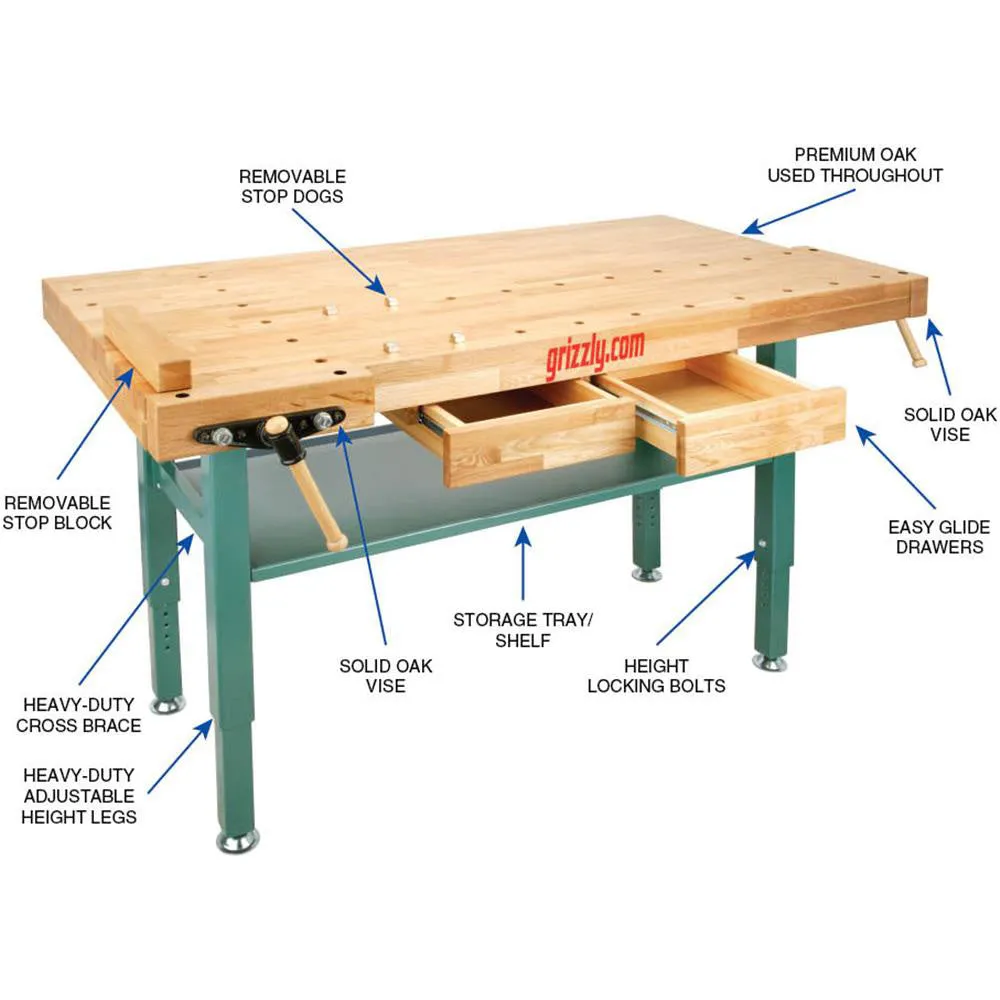 Grizzly T10157 Heavy-Duty Oak Workbench with Steel Legs
