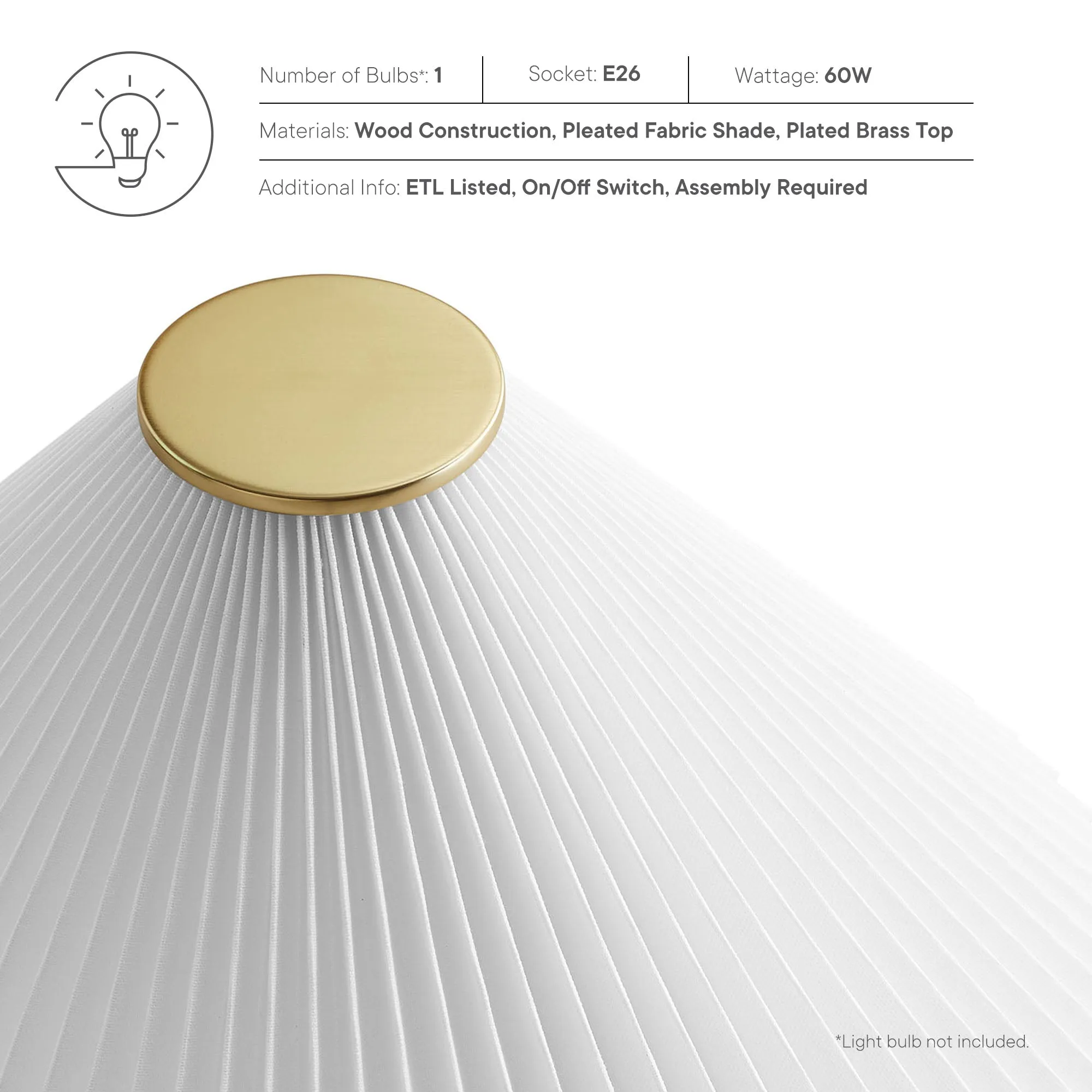 Jessica Wooden Base Table Lamp With Pleated Fabric Shade by Modway