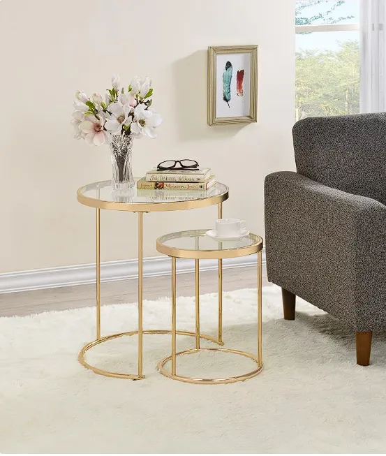 Maylin 2-piece Round Glass Top Nesting Tables Gold