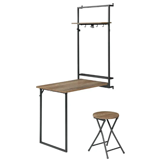 Riley Foldable Wall Desk with Stool Rustic Oak and Sandy Black