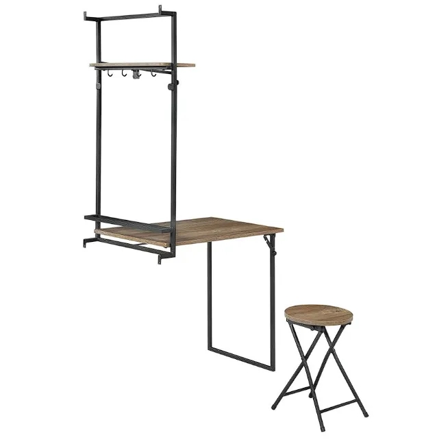 Riley Foldable Wall Desk with Stool Rustic Oak and Sandy Black