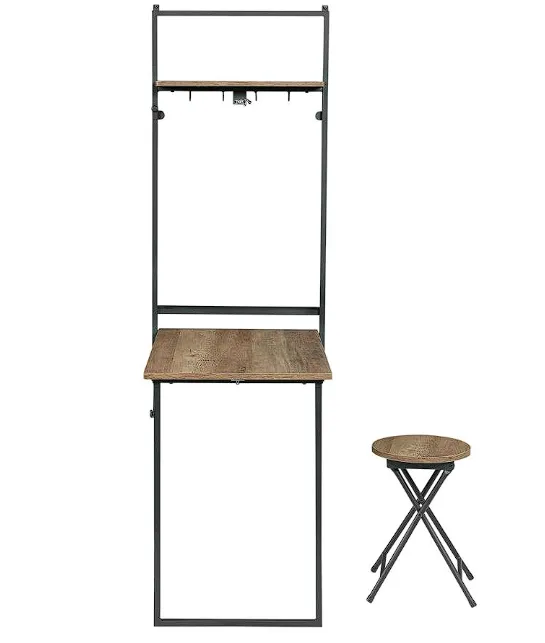 Riley Foldable Wall Desk with Stool Rustic Oak and Sandy Black