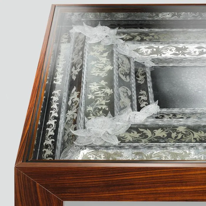Rosewood Dining Table With Engraved Venetian Mirror Decoration