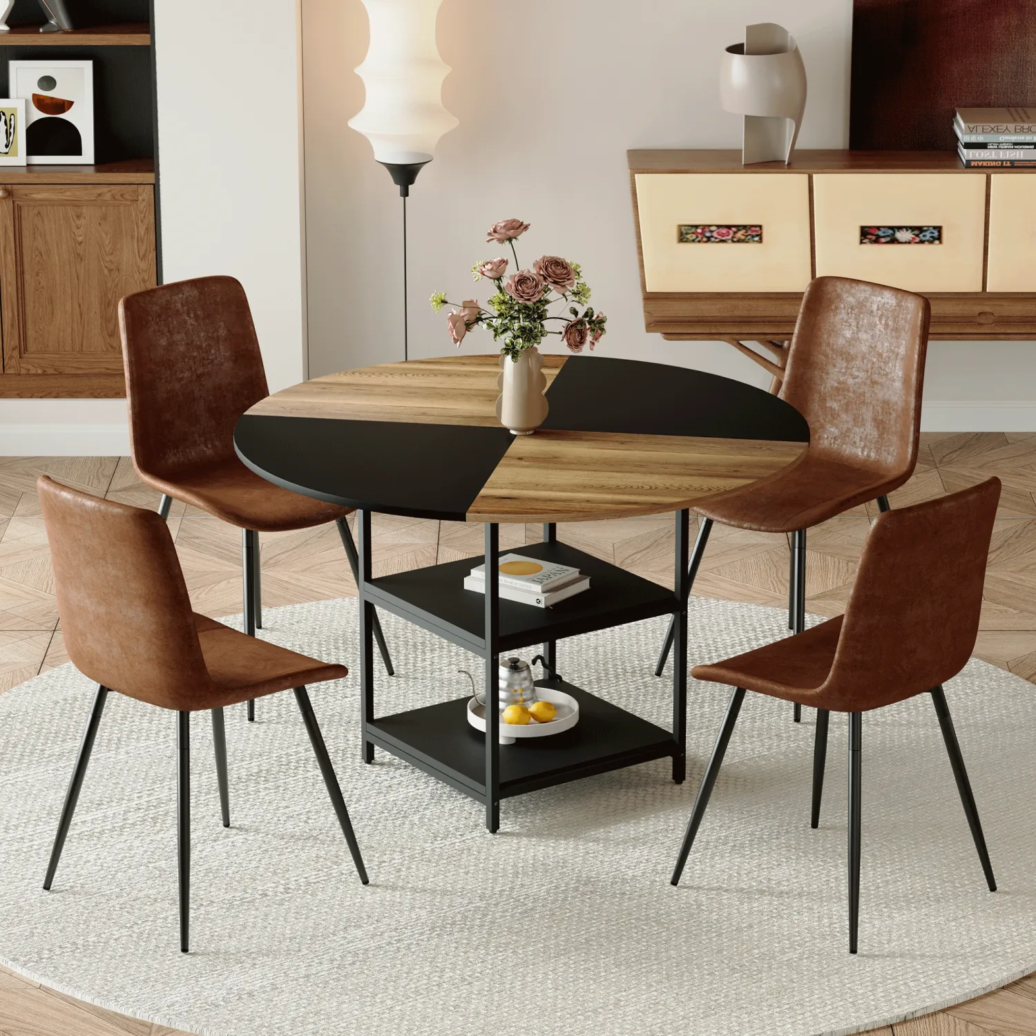 Streamdale 47" Round Dining Set: Table & 4 Brown Chairs