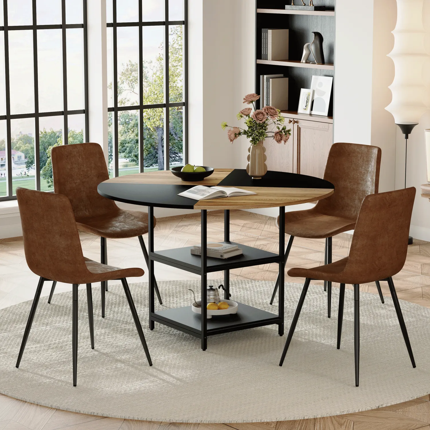 Streamdale 47" Round Dining Set: Table & 4 Brown Chairs