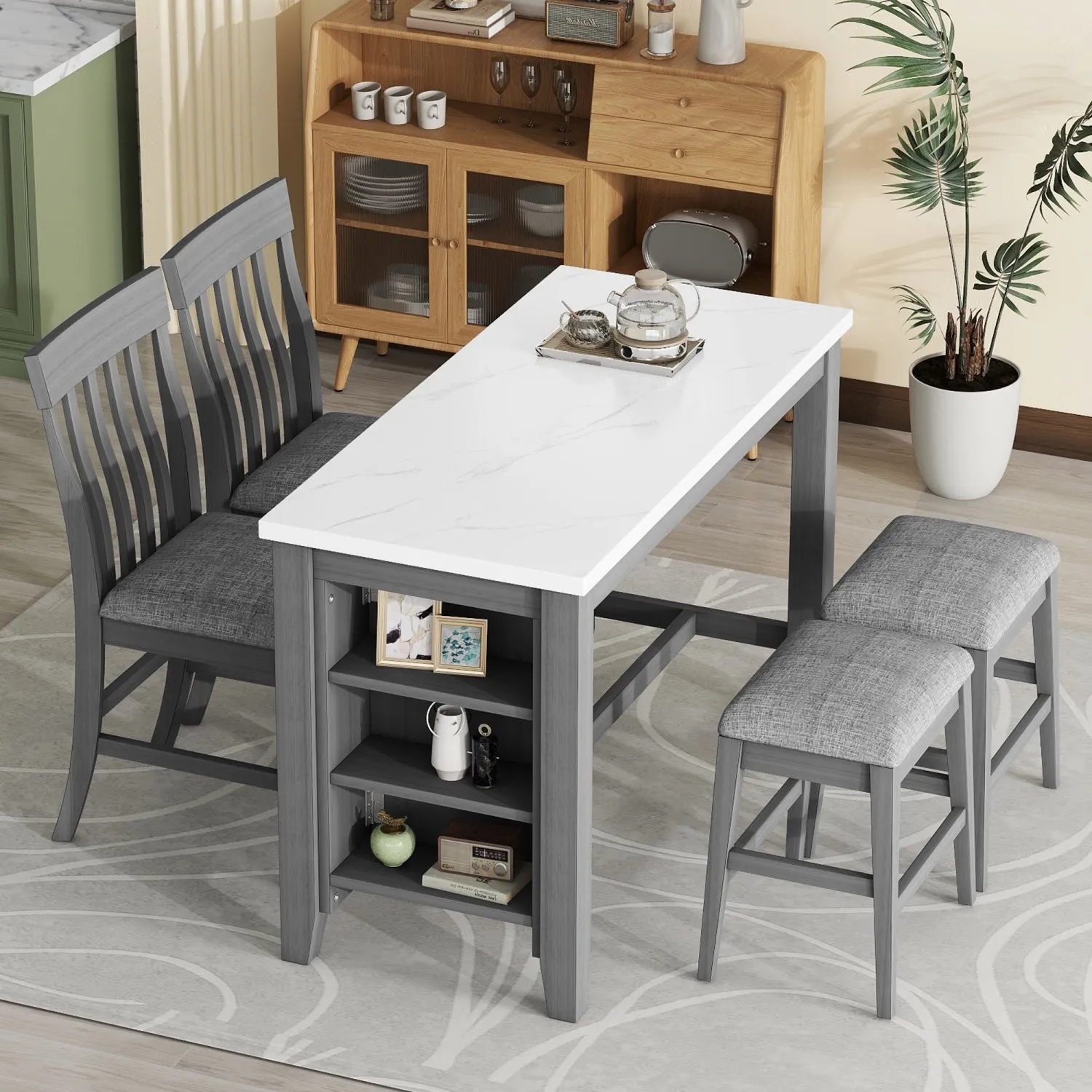 Streamdale 5-piece Counter Height Dining Table Set with Built-in Storage Shelves,Grey