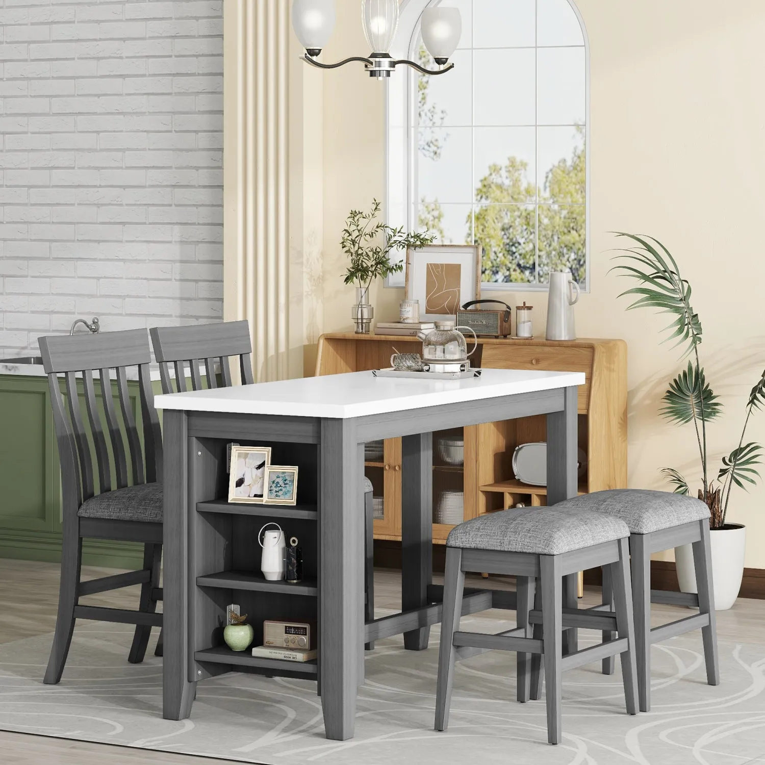 Streamdale 5-piece Counter Height Dining Table Set with Built-in Storage Shelves,Grey