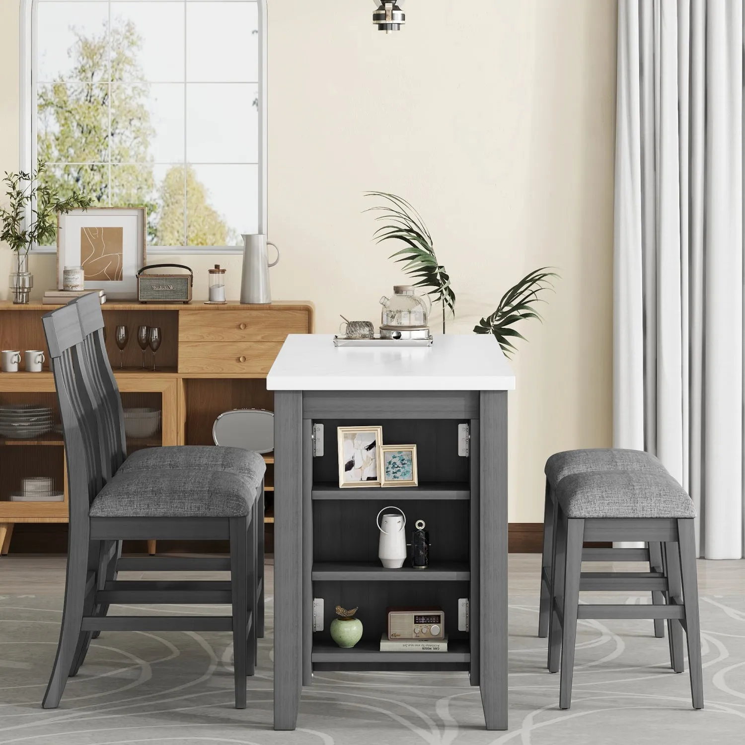 Streamdale 5-piece Counter Height Dining Table Set with Built-in Storage Shelves,Grey