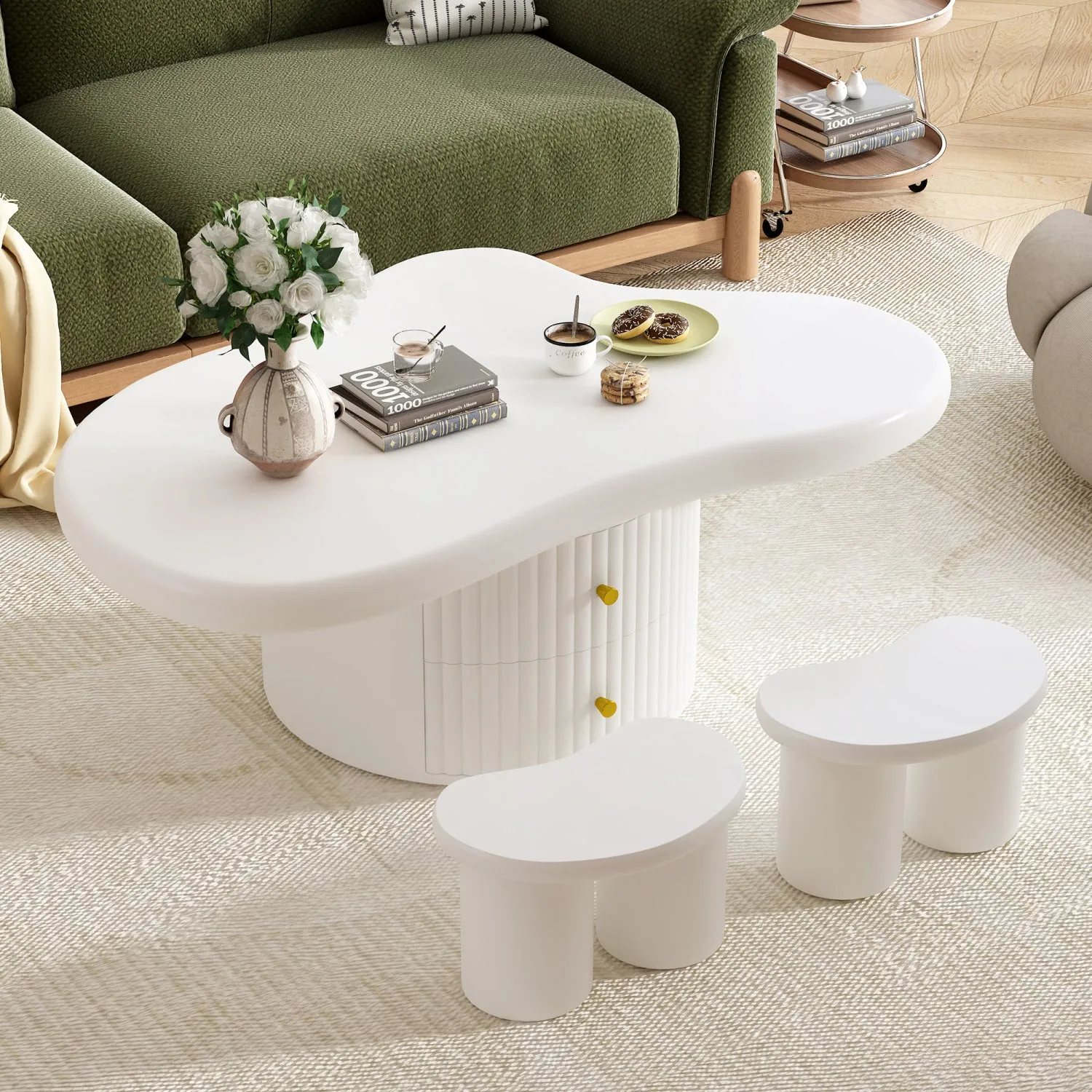 Streamdale Cloud Coffee Table Set: 3 Tables, 2 Drawers, 2 Stools
