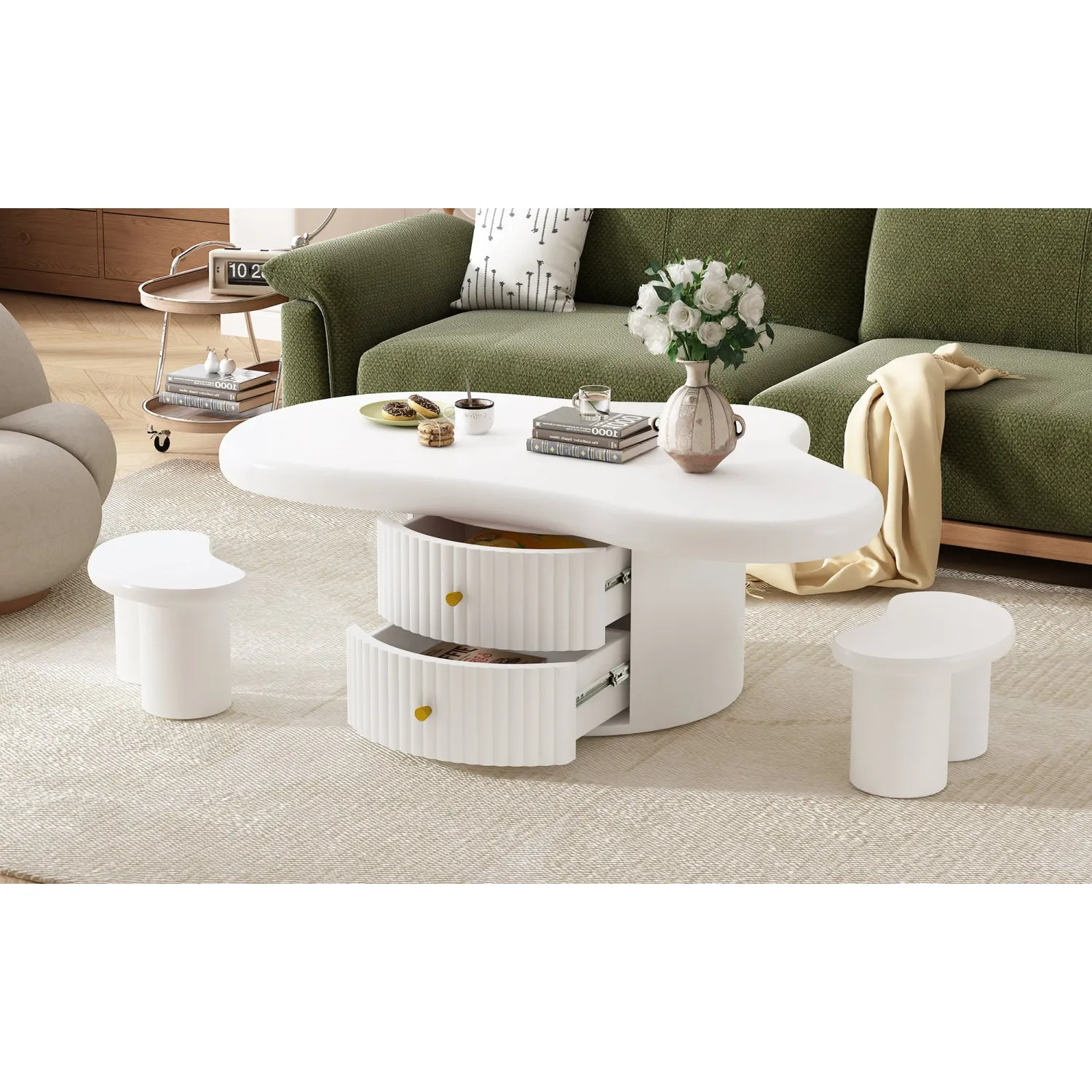 Streamdale Cloud Coffee Table Set: 3 Tables, 2 Drawers, 2 Stools
