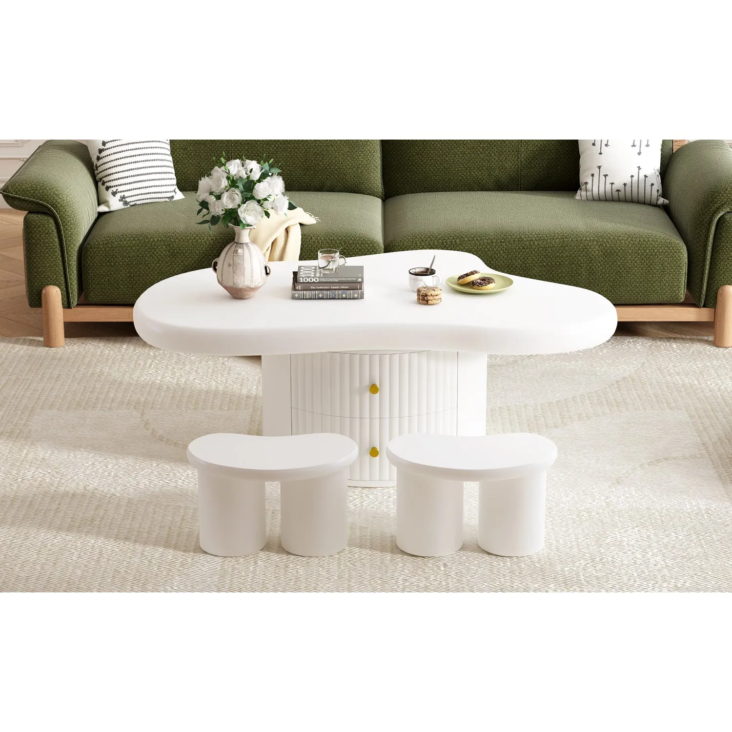 Streamdale Cloud Coffee Table Set: 3 Tables, 2 Drawers, 2 Stools