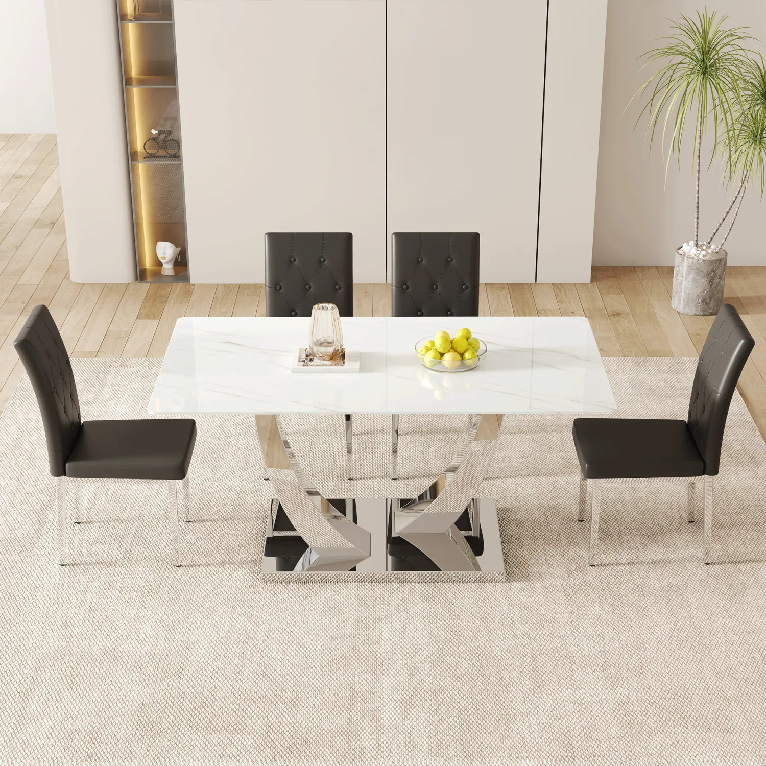 Streamdale Modern Glass Dining Table Set with 4 Black Chairs