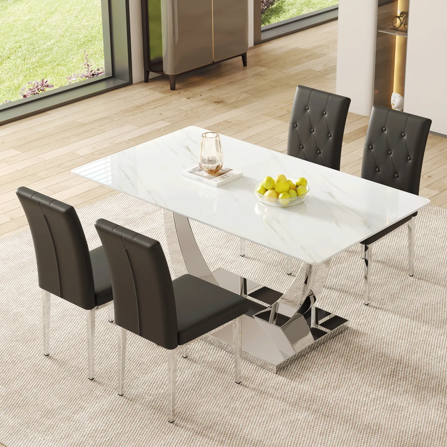 Streamdale Modern Glass Dining Table Set with 4 Black Chairs