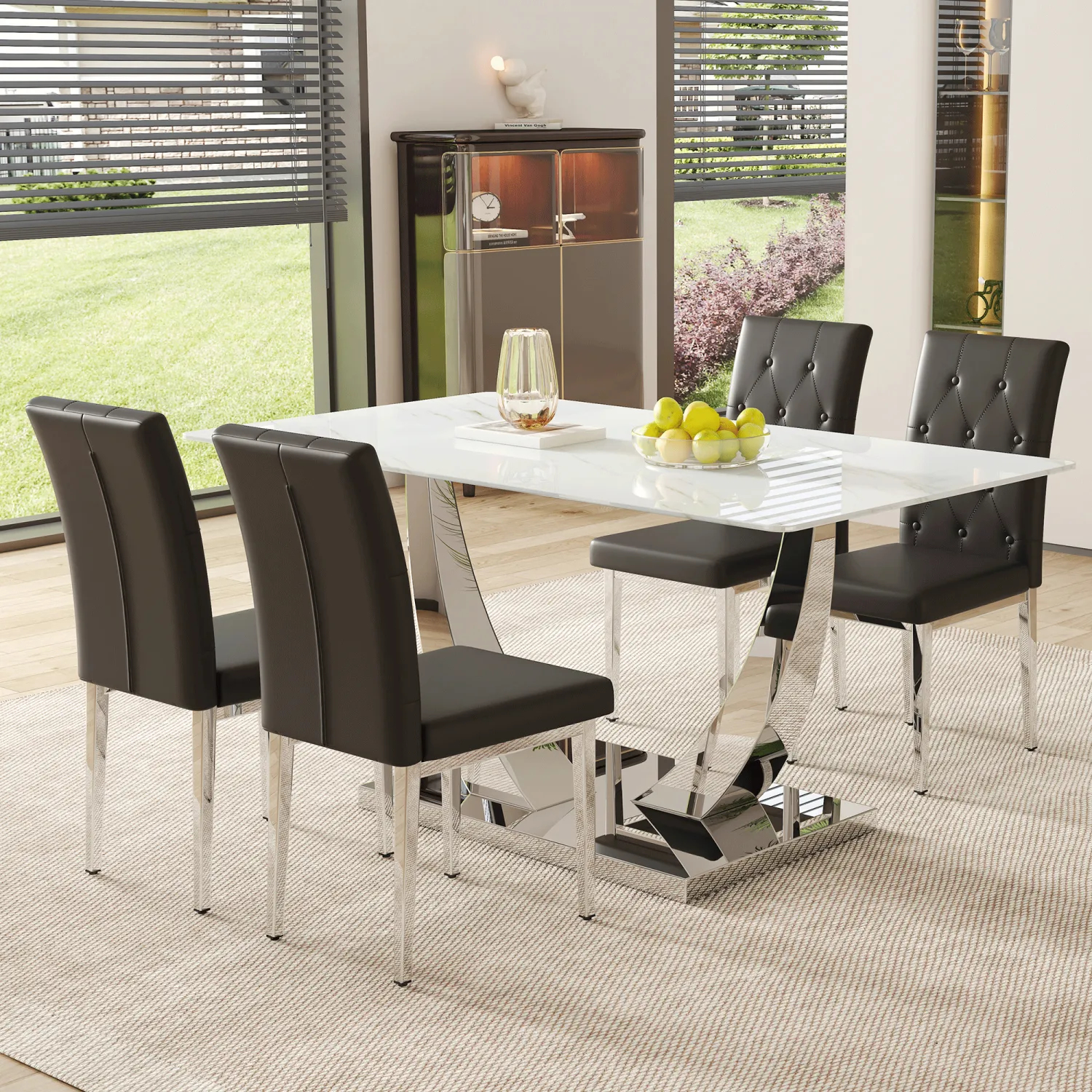 Streamdale Modern Glass Dining Table Set with 4 Black Chairs
