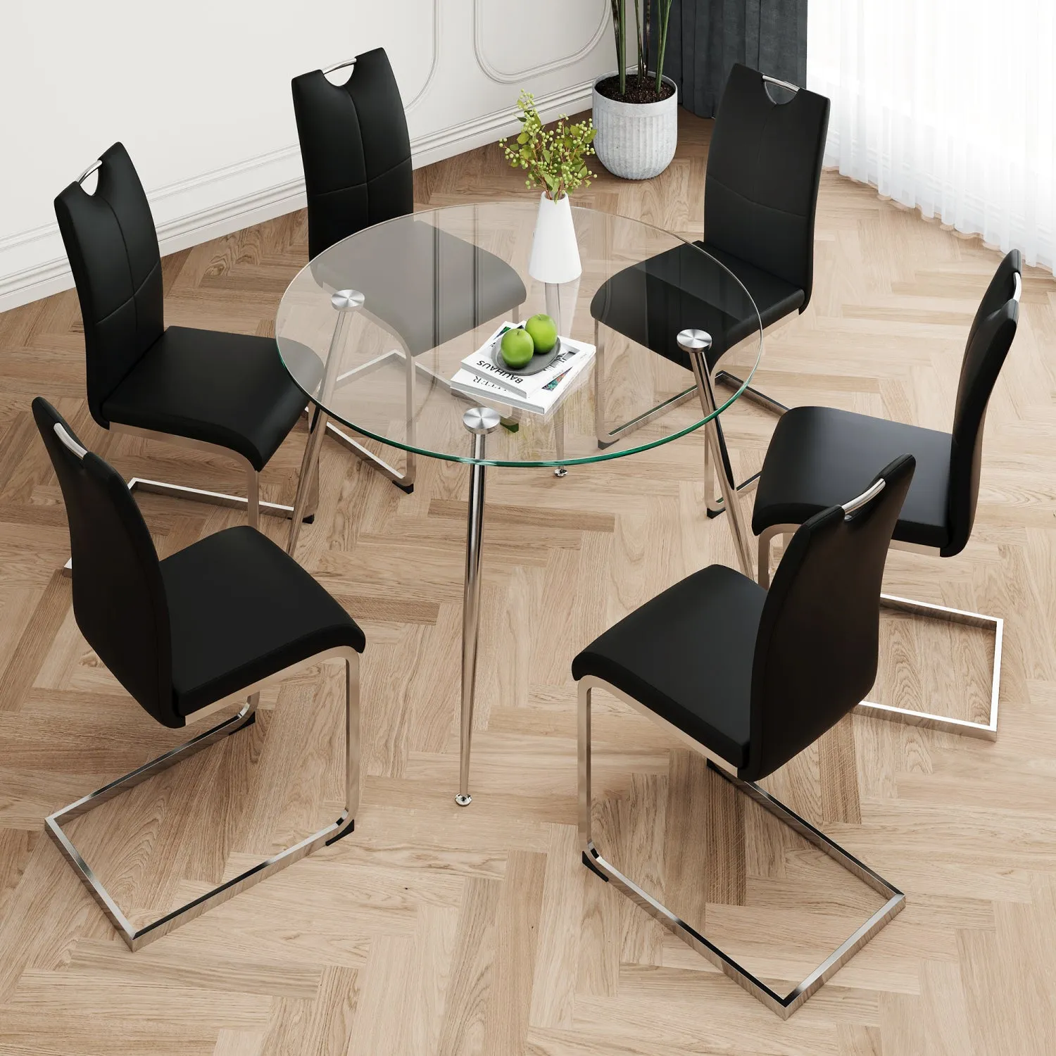 Streamdale Modern Round Glass Dining Set (Table & 6 Black Chairs)