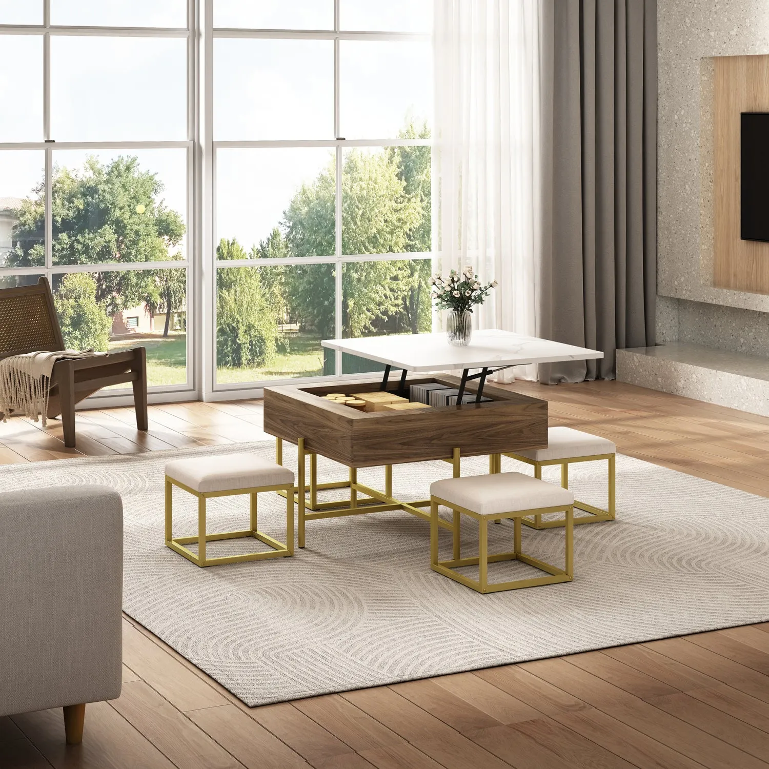 Streamdale Modern Square Lift-Top Coffee Table Set with Storage & 4 Ottomans