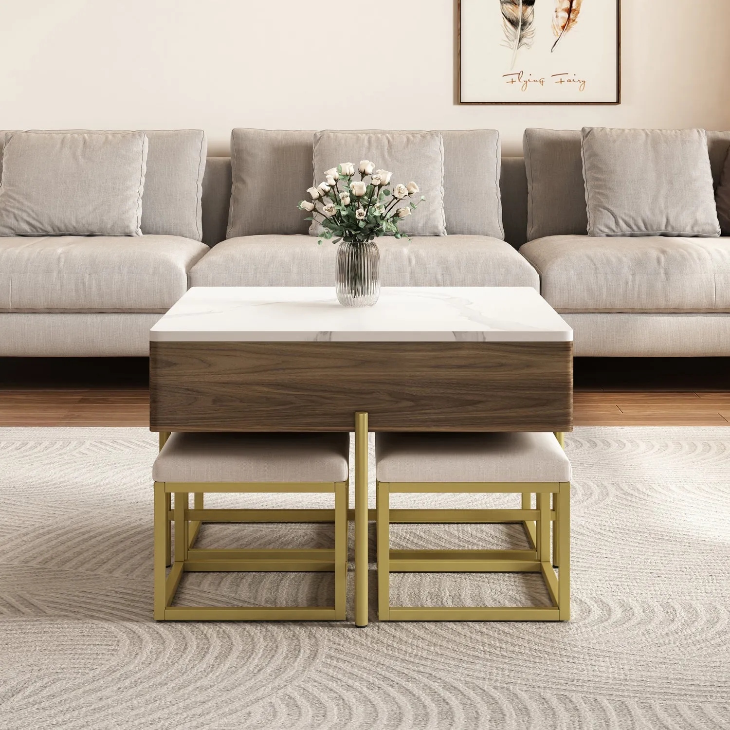 Streamdale Modern Square Lift-Top Coffee Table Set with Storage & 4 Ottomans