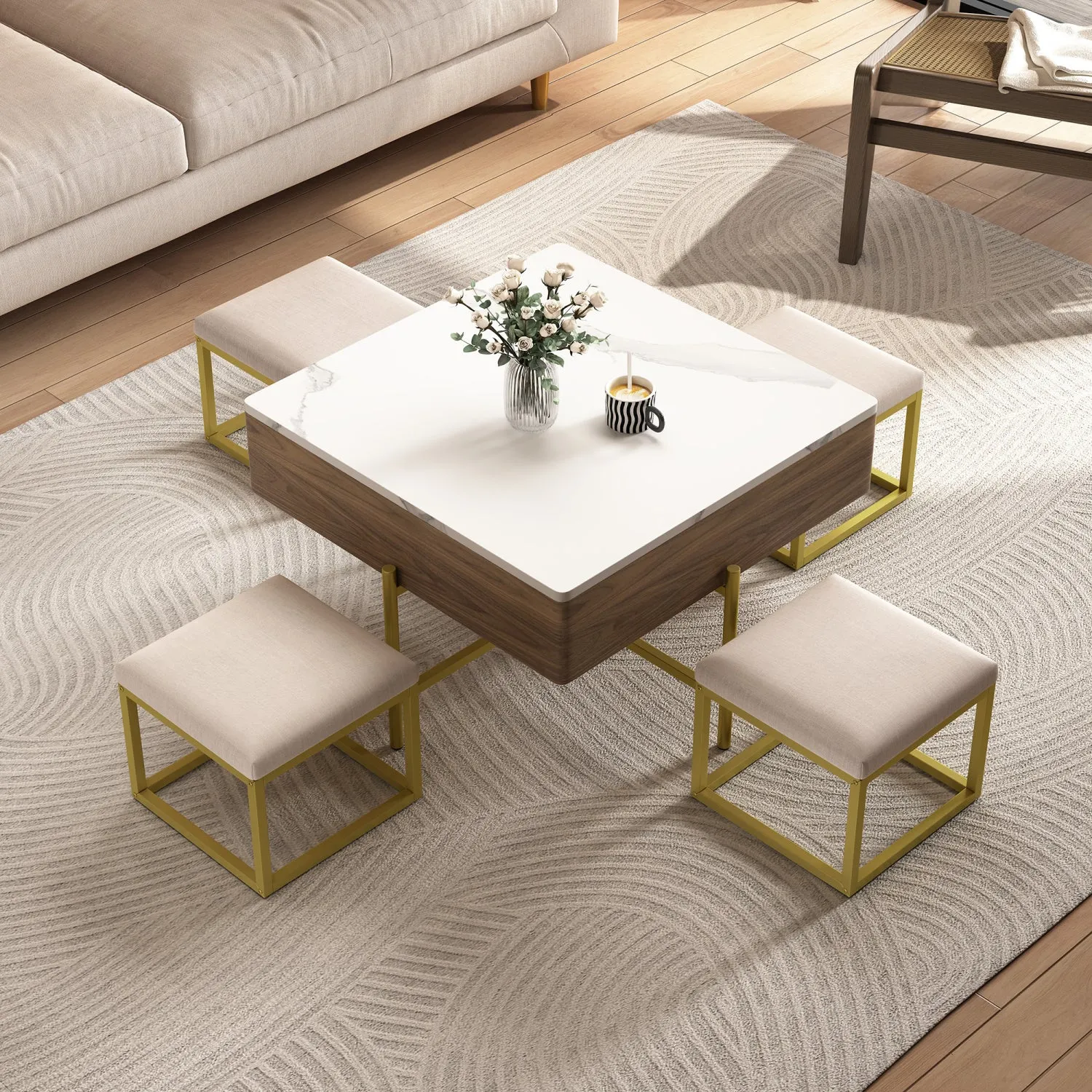 Streamdale Modern Square Lift-Top Coffee Table Set with Storage & 4 Ottomans