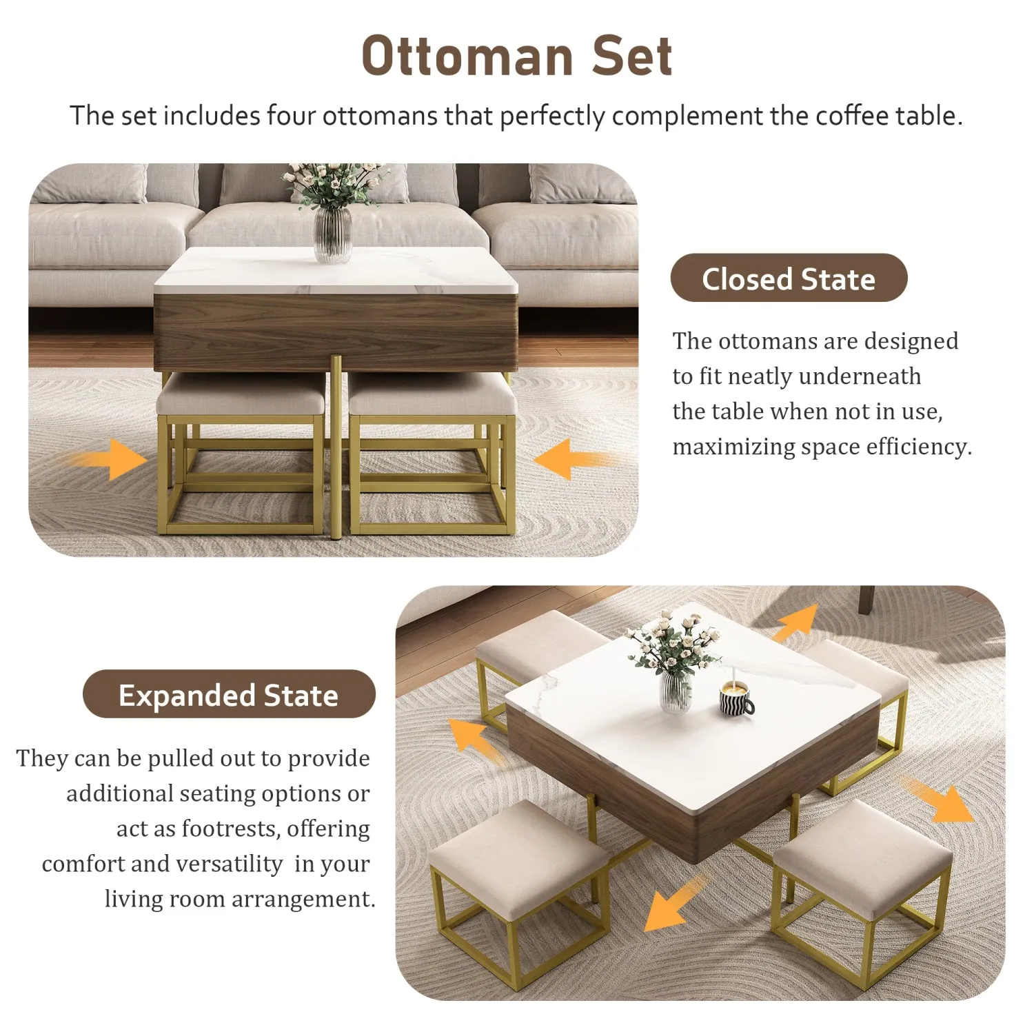 Streamdale Modern Square Lift-Top Coffee Table Set with Storage & 4 Ottomans