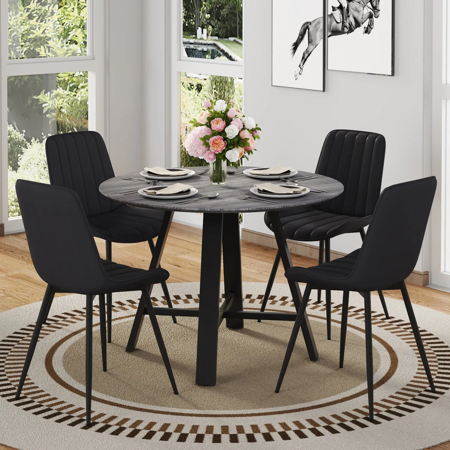 Streamdale Round Dining Table Set - Gray Wood Grain, Black Cushions