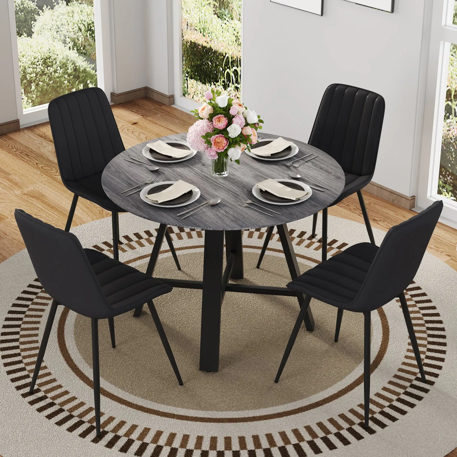 Streamdale Round Dining Table Set - Gray Wood Grain, Black Cushions