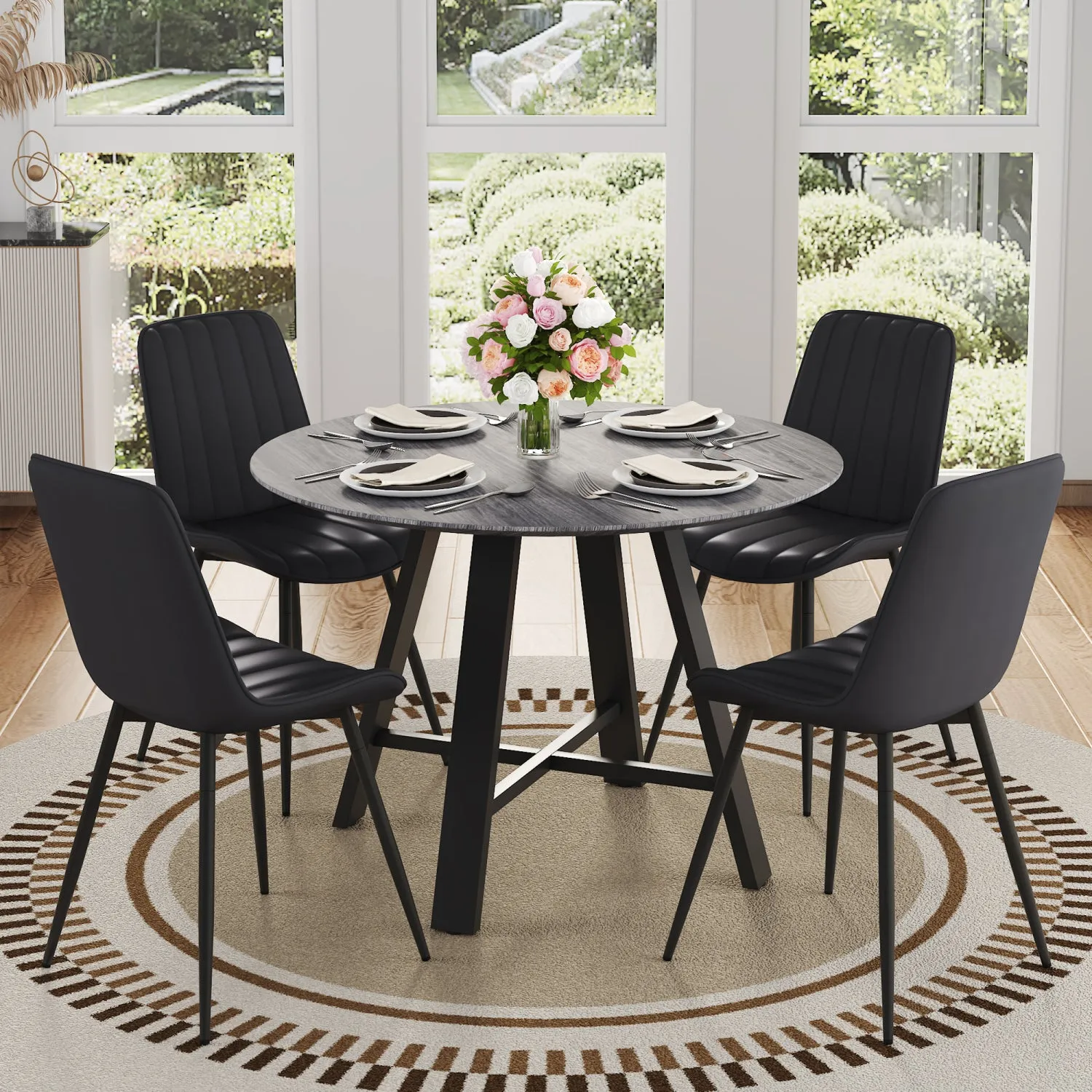Streamdale Round Dining Table Set - Gray Wood Grain, Black Cushions