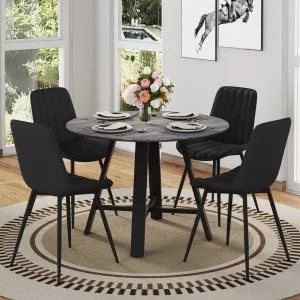 Streamdale Round Dining Table Set - Gray Wood Grain, Black Cushions