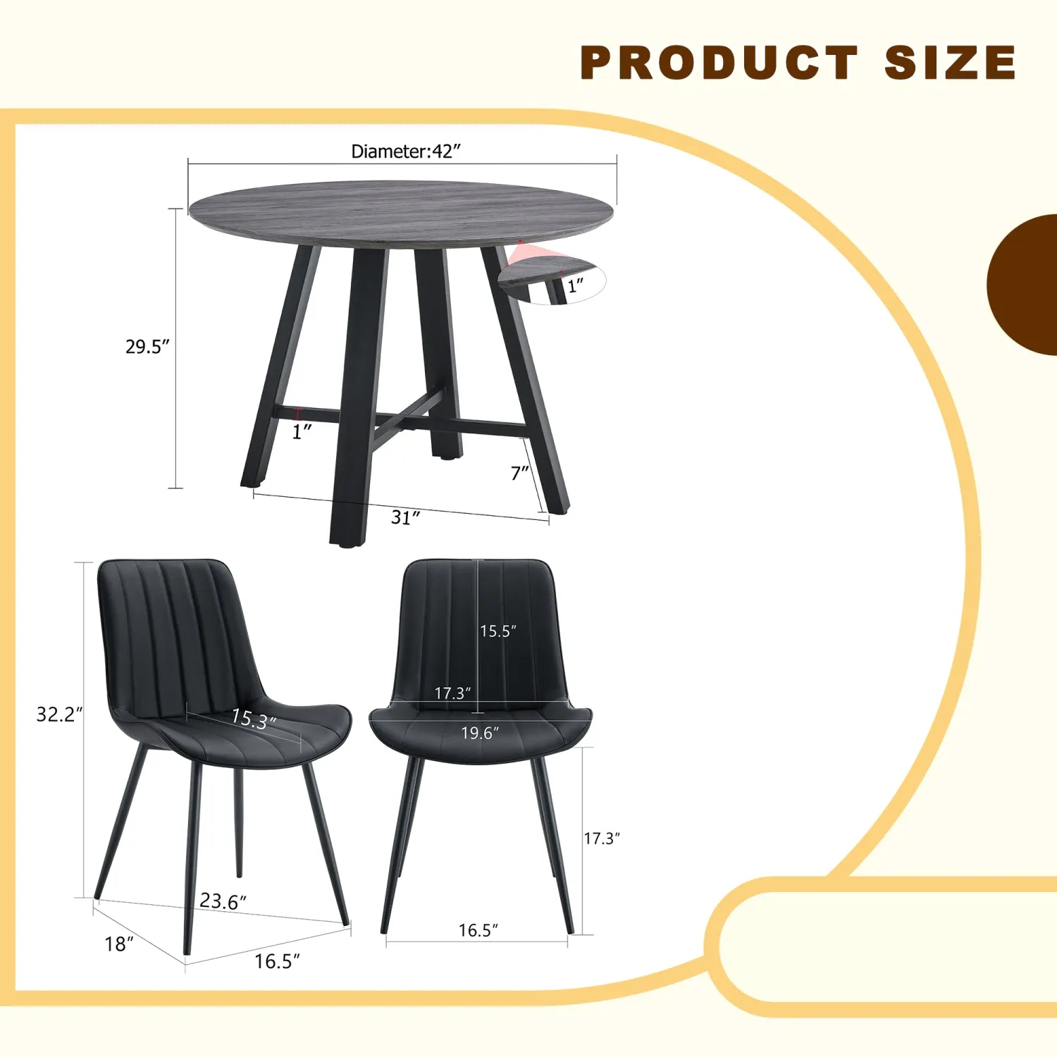 Streamdale Round Dining Table Set - Gray Wood Grain, Black Cushions