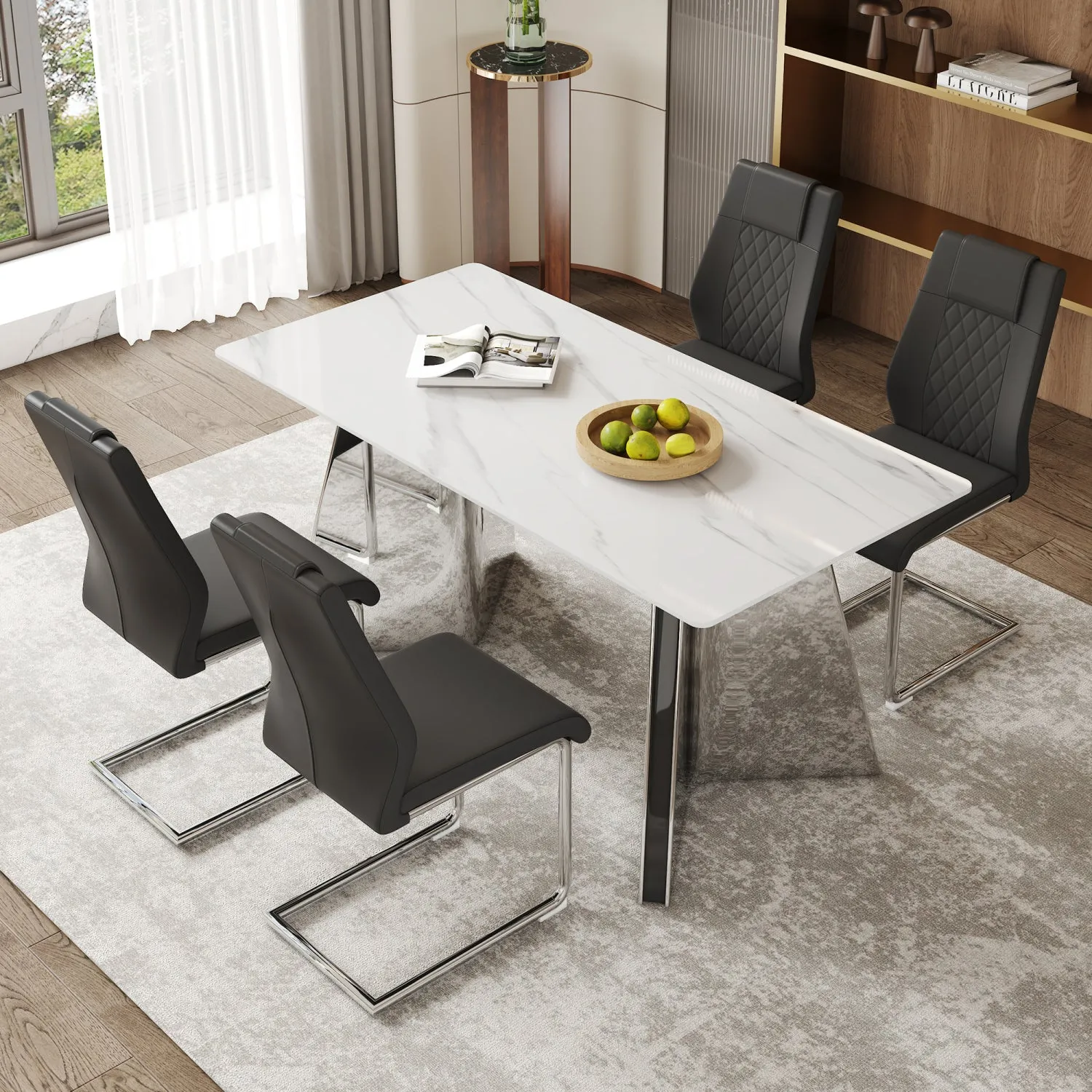 Streamdale Snow Mountain Table & 4 Black PU Chairs