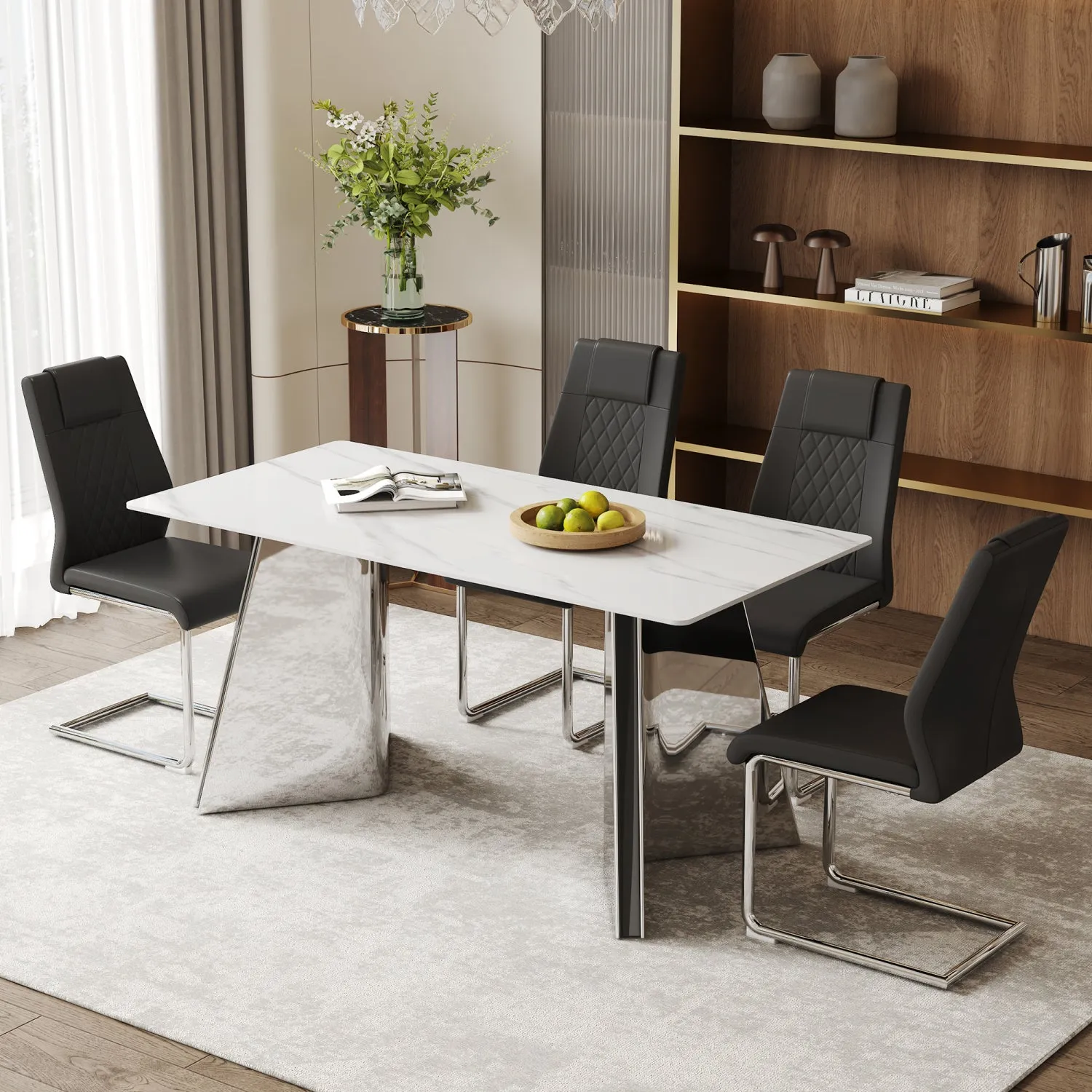 Streamdale Snow Mountain Table & 4 Black PU Chairs