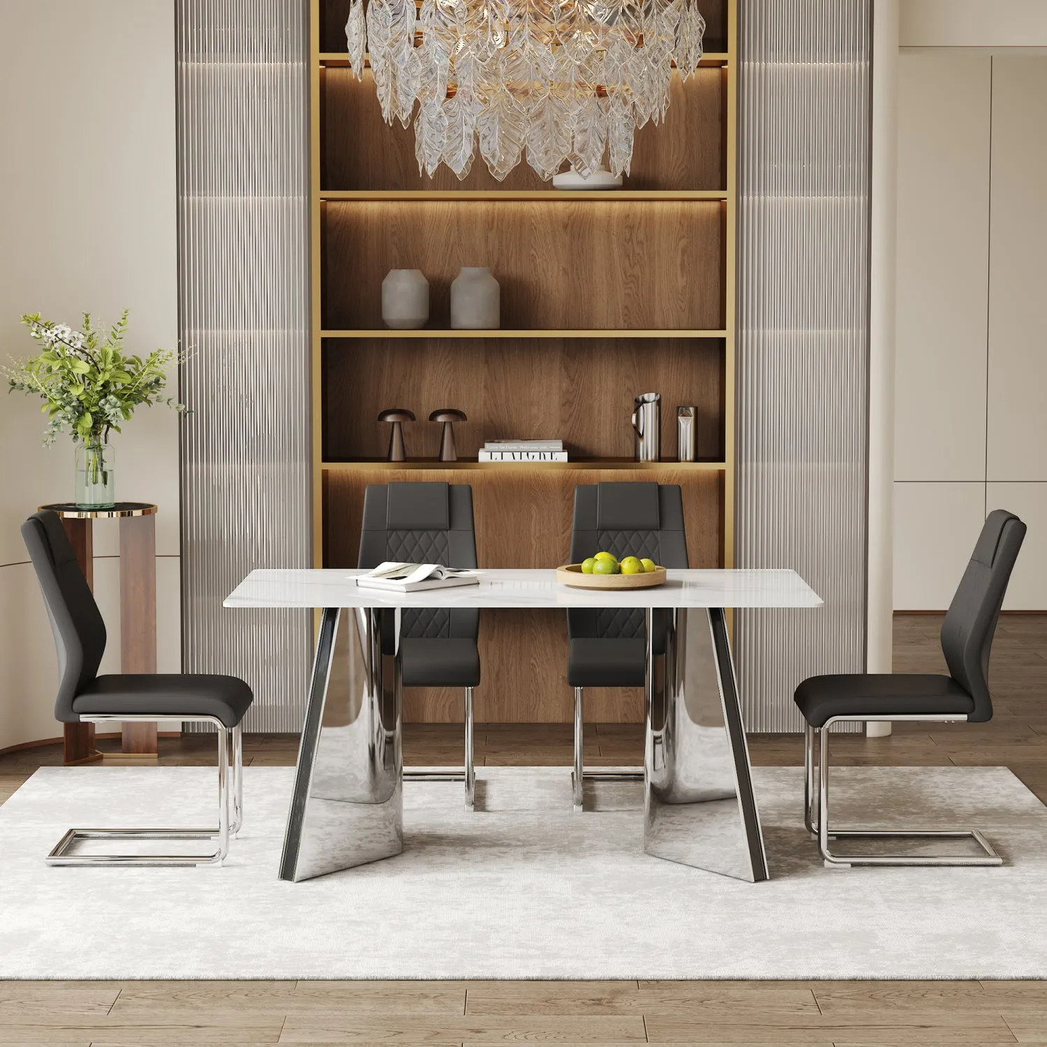 Streamdale Snow Mountain Table & 4 Black PU Chairs