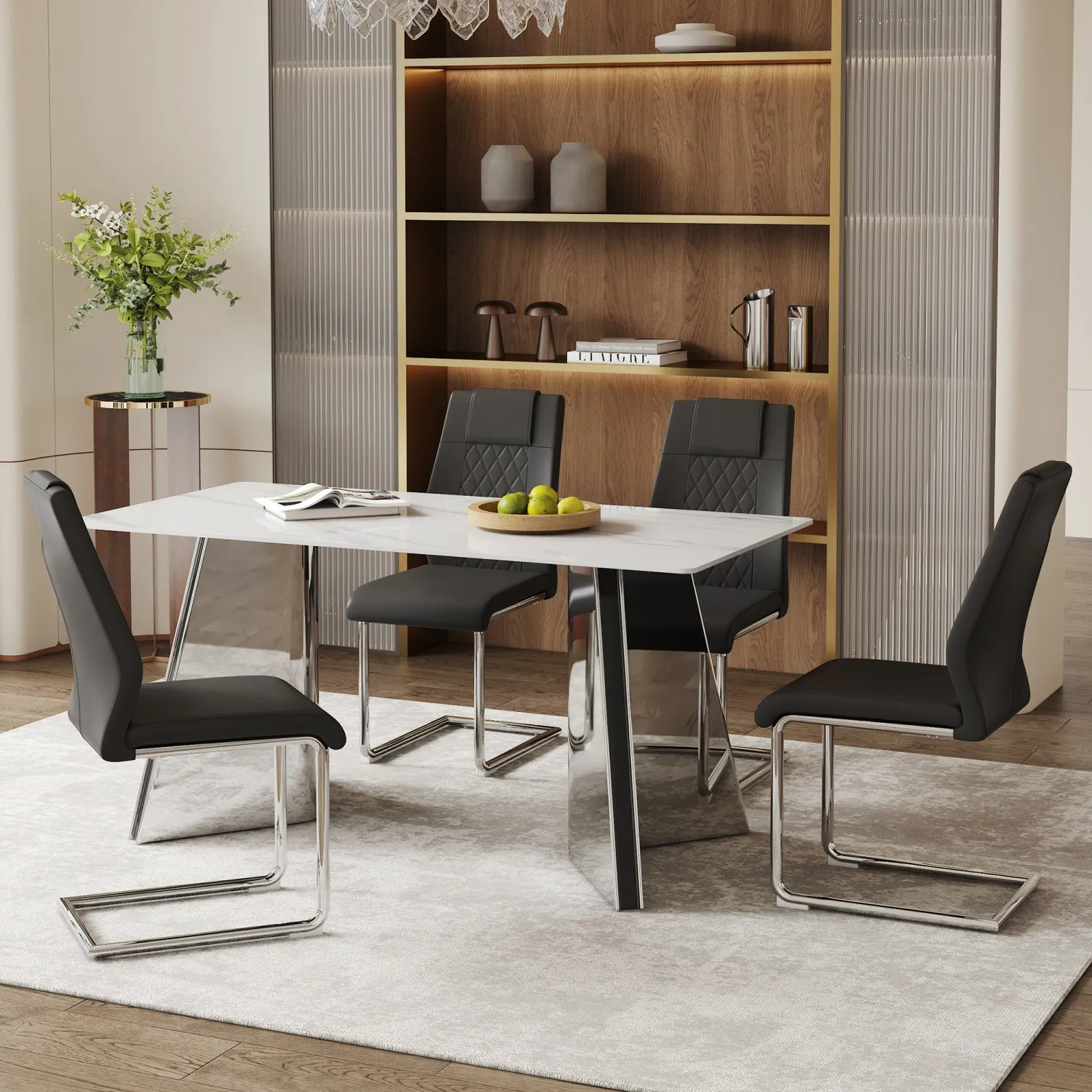 Streamdale Snow Mountain Table & 4 Black PU Chairs