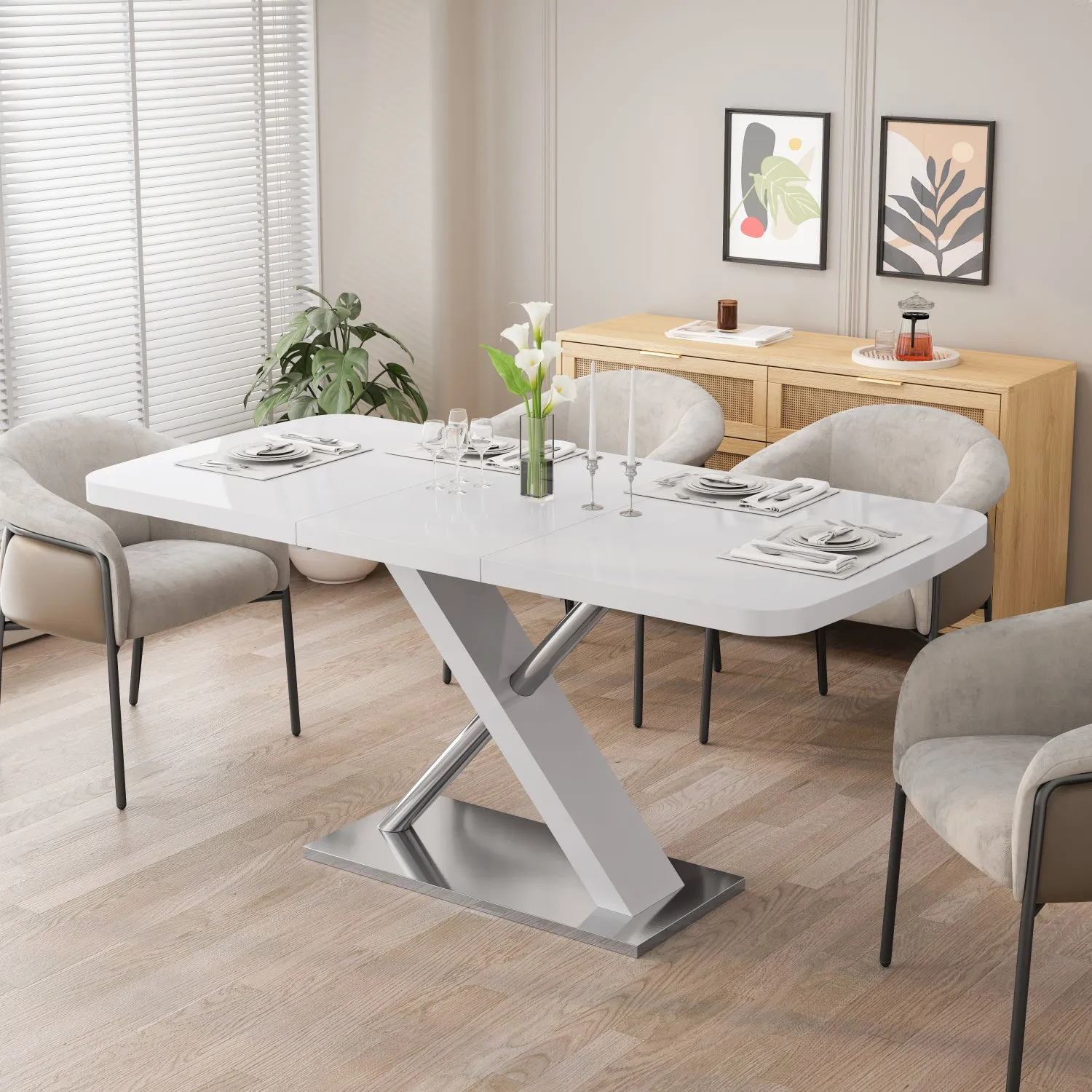 Streamdale White Extendable Dining Table, Metal Base, 4-6 People