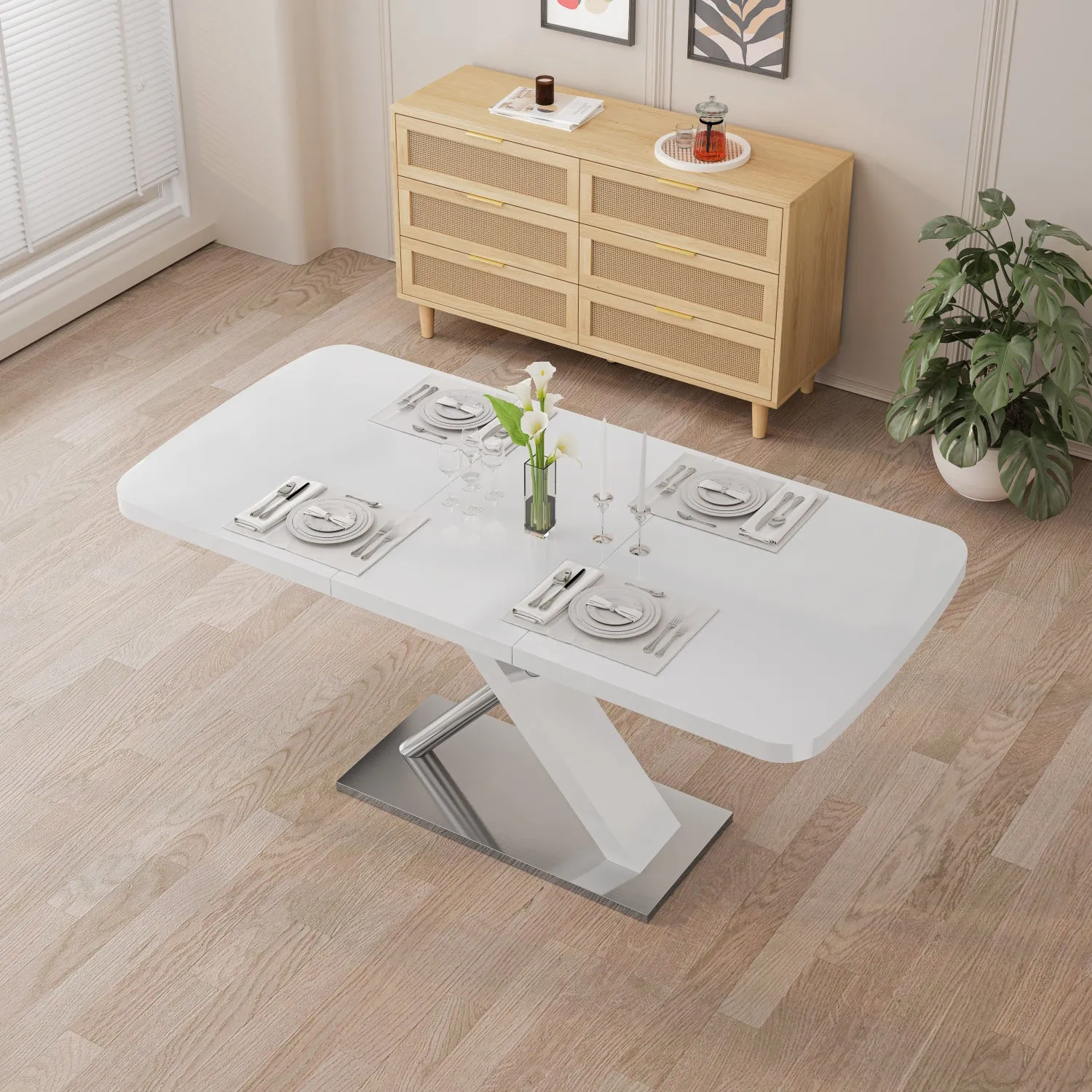 Streamdale White Extendable Dining Table, Metal Base, 4-6 People